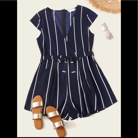 SHEIN Plus Striped Belted Romper 4XL